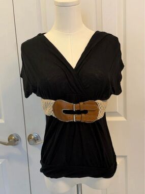 BONGO Black Surplice Top with Crochet Belt Short Sleeve Size Small